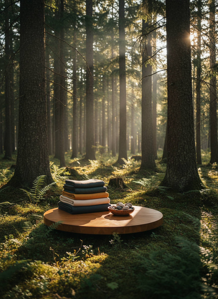 A forest wellness space at Peavine Lake Wilderness Camp, shown in photographic realism. A smooth, circular wooden platform rests on the forest floor, surrounded by moss, ferns, and tall spruce trunks. On the platform, neatly folded wool blankets in muted earth tones are stacked beside a small wooden bowl filled with polished stones from the nearby lake. Late-afternoon sunlight filters through the canopy, creating dappled patterns of light and shadow across the platform and forest floor. Captured from a slightly elevated angle with a medium-wide lens, the composition uses the rule of thirds, with the platform offset and the towering trees providing natural framing. The mood is serene, grounding, and restorative, clearly designed for quiet reflection and wellness practices with no human figures present.