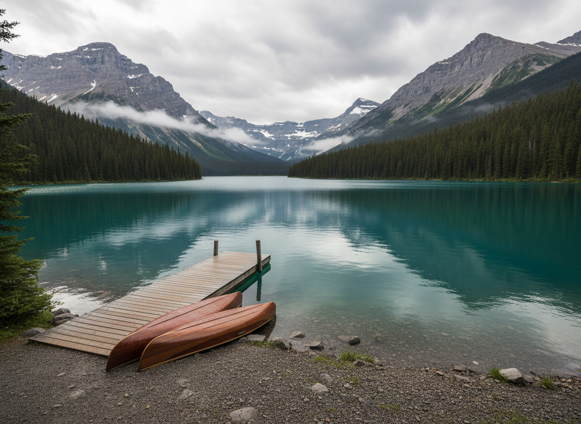 An elevated, wide-angle photographic view of Peavine Lake itself, a deep turquoise alpine lake ringed by dark coniferous forest and framed by rugged, grey northern Rocky Mountain peaks. In the foreground, a simple wooden dock extends from a rocky shore, with two traditional-style cedar canoes resting upside down on the gravel, their wet hulls subtly glistening. Overcast, diffused afternoon light softens the colors and reduces harsh shadows, giving the scene a calm, contemplative atmosphere. Mist clings to the far tree line, hinting at cool mountain air. The composition follows the rule of thirds, with the dock and canoes leading the eye into the expansive landscape, emphasizing untouched wilderness and quiet solitude.
