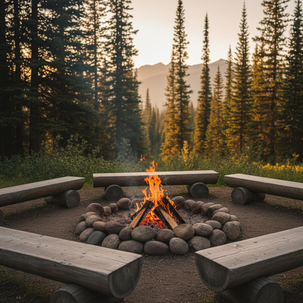 A close-up, photographic-realistic view of a handcrafted fire circle at Peavine Lake Wilderness Camp, featuring a carefully arranged ring of smooth river stones surrounding glowing embers and crackling orange flames. Around the fire pit sit sturdy wooden benches made from peeled logs, their surfaces lightly weathered by mountain air. The setting is a forest clearing framed by dense spruce and pine, with the faint outline of distant Rocky Mountain ridges. Captured at golden hour, warm sunlight filters through branches, illuminating smoke trails and casting soft, dancing shadows. Shot from a slightly low angle with shallow depth of field, the mood is intimate, grounding, and reflective, evoking stories shared and cultural teachings honored, without showing any people.