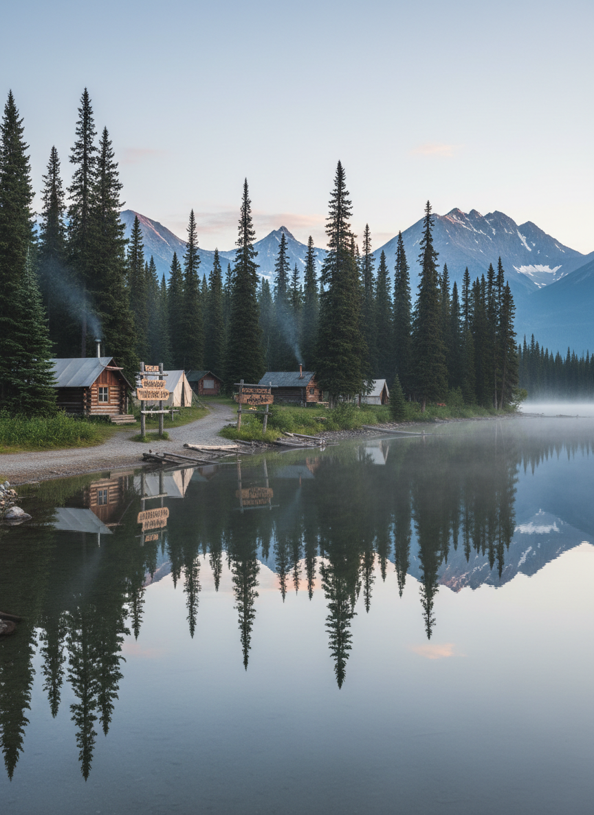 A tranquil northern Rockies lakeshore at dawn, with a small cluster of rustic log cabins and canvas wall tents nestled among tall, dark-green spruce trees. Weathered wooden signs reading “Aseniwuche Wilderness Camp” stand near a narrow gravel path leading to a still, mirror-like lake that reflects snow-dusted peaks in the distance. Soft blue-grey morning light and a faint mist hover over the water, creating gentle, elongated shadows. Photographic realism, shot at eye level with a wide-angle lens, sharp focus throughout, and a calm, welcoming atmosphere that emphasizes the remote, Indigenous-led wilderness retreat without any human presence.