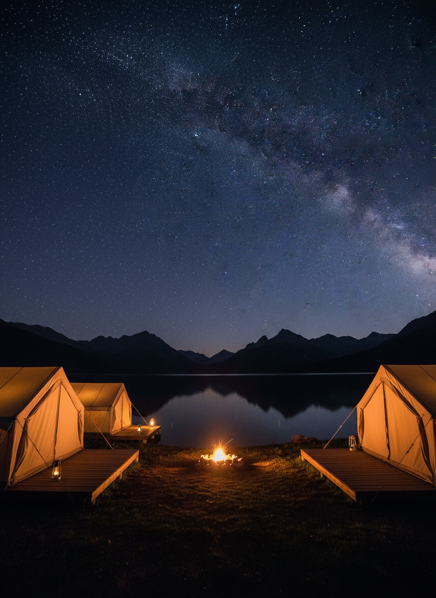 A dramatic, photographic-realistic night scene at Peavine Lake Wilderness Camp, featuring a cluster of canvas wall tents glowing softly from interior lantern light. The tents stand on raised wooden platforms on the edge of the dark, glassy lake, which reflects scattered stars and the faint silhouette of surrounding mountains. The sky is clear, filled with a dense spread of stars and a subtle arc of the Milky Way above the horizon. A small, carefully tended campfire in the midground adds a warm orange glow that contrasts with the cool blue tones of night. Shot at a low angle with a wide lens and long exposure effect, star trails subtly streak across the sky. The atmosphere is magical, remote, and contemplative, with no people visible.
