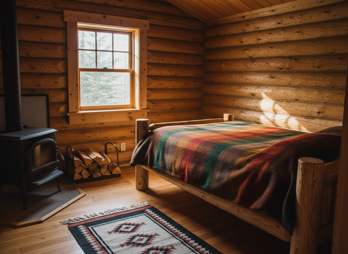 The interior of a rustic yet carefully maintained log cabin accommodation at Peavine Lake Wilderness Camp, captured in photographic realism. Thick, rounded pine logs form the walls, their golden-brown grain clearly visible, while a simple iron woodstove sits in one corner with neatly stacked firewood beside it. A handmade wooden bed frame holds thick wool blankets in earthy reds and browns, with a small woven Indigenous-patterned rug on the plank floor. Natural afternoon light streams through a single-paned window, casting soft rectangles of light and muted shadows across the room. Shot at eye level with moderate depth of field, the composition feels warm, secure, and welcoming, showcasing comfortable rustic lodging without any people present.