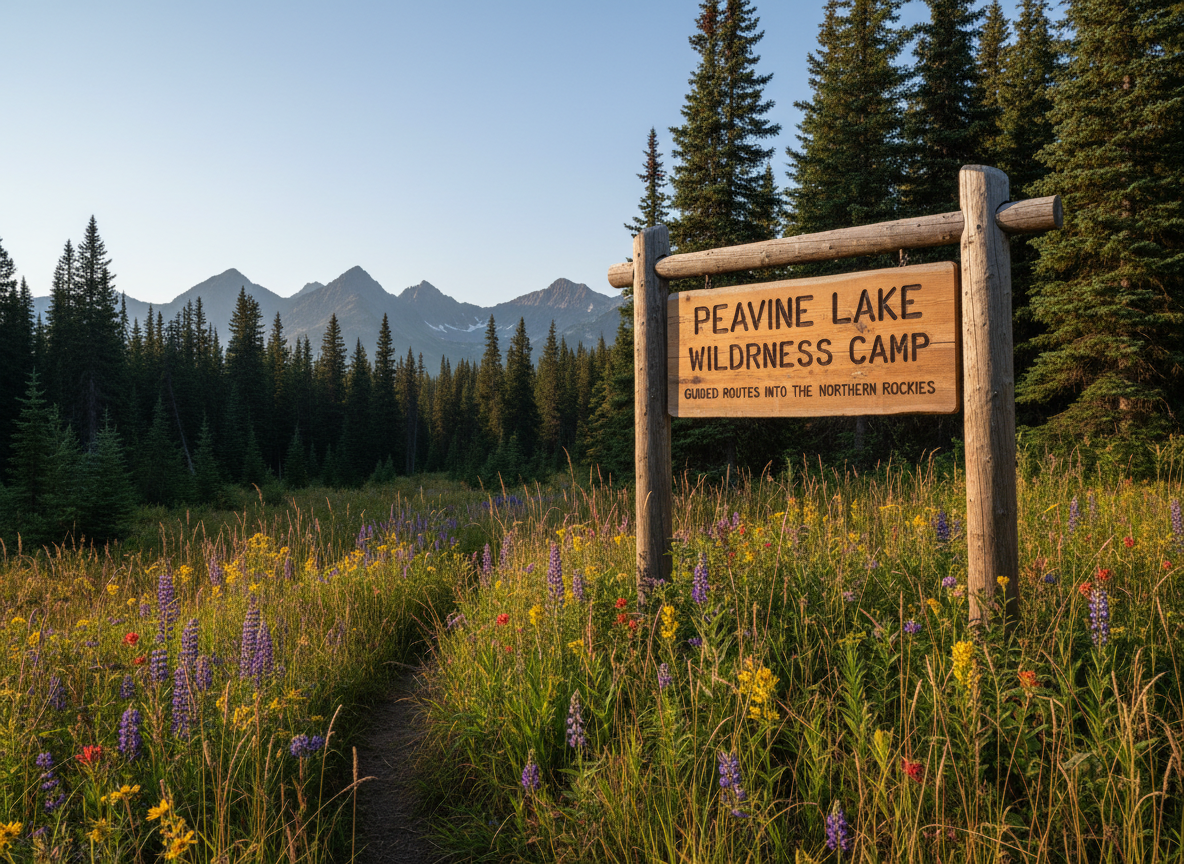 A detailed, photographic-realism shot of a backcountry trailhead sign at Peavine Lake Wilderness Camp, made from a rough-hewn cedar plank with hand-carved lettering indicating guided routes into the northern Rockies. The sign is mounted between two sturdy peeled log posts, surrounded by tall grasses and wildflowers in late summer bloom. A narrow dirt path winds away into dense spruce forest, with distant hints of jagged mountains through gaps in the trees. Soft, directional morning light from the right side highlights the wood grain and casts long, delicate shadows across the ground. Captured at eye level with moderate depth of field, the sign and first few meters of trail are in sharp focus while the deeper forest softens, conveying adventure, respect for the land, and professional outdoor guiding without any human presence.