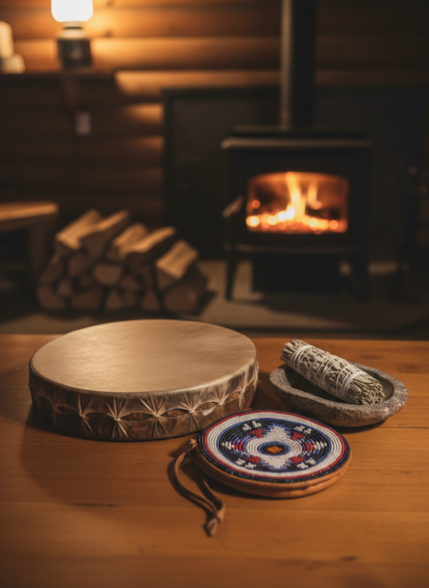 A photographic-realistic still life of Indigenous cultural items carefully arranged on a smooth wooden table inside a camp lodge at Peavine Lake Wilderness Camp. A hand-carved wooden drum with taut hide surface rests beside a beaded leather pouch and a small bundle of sage on a shallow stone bowl. In the background, a glimpse of a crackling woodstove and stacked firewood suggests warmth and gathering. Soft, warm indoor lamplight from the upper left creates gentle highlights on beadwork and leather textures, casting subtle shadows that emphasize craftsmanship. Captured from a slightly elevated angle with shallow depth of field, the objects are in crisp focus while the background is softly blurred, creating a respectful, contemplative, and professional mood that honors Indigenous culture without depicting any people.