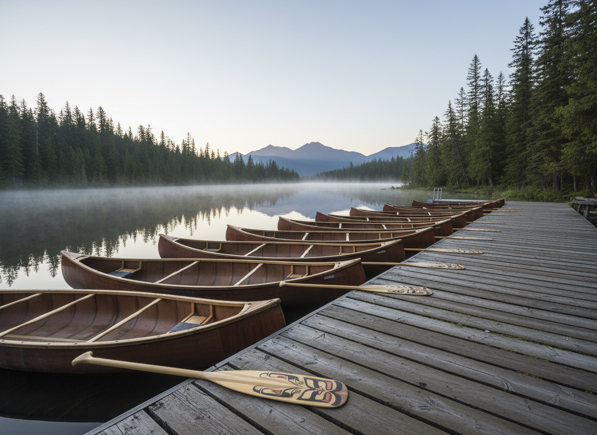 An early-morning, photographic-realistic scene of a simple dockside staging area for guided canoe adventures at Peavine Lake Wilderness Camp. Several cedar canoes rest side by side on a weathered wooden dock, paddles neatly lined up, each paddle blade engraved with subtle Indigenous designs. The lake surface is glassy, with a thin line of mist hovering above, and dense evergreen forest hugs the shoreline. Cool, pale dawn light gently illuminates the wood textures and calm water, with minimal shadows. Captured from a low, slightly angled perspective along the dock, the canoes create leading lines that draw the eye toward distant mountain silhouettes. The atmosphere is quiet, anticipatory, and respectful of the natural setting, with no people present.